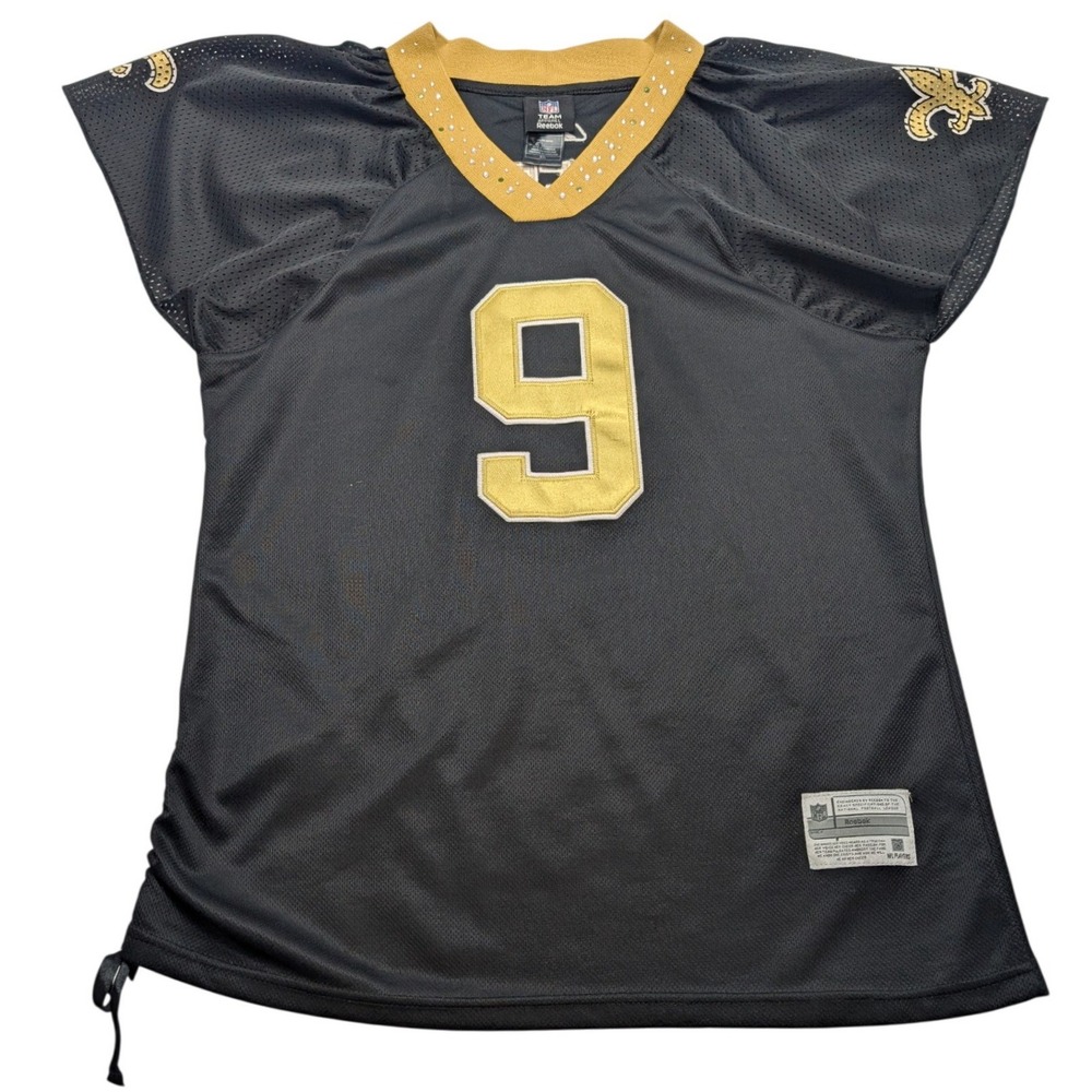 VTG Reebok Drew Brees New Orleans Saints Jersey Women XXL Black Side Cinch Bling